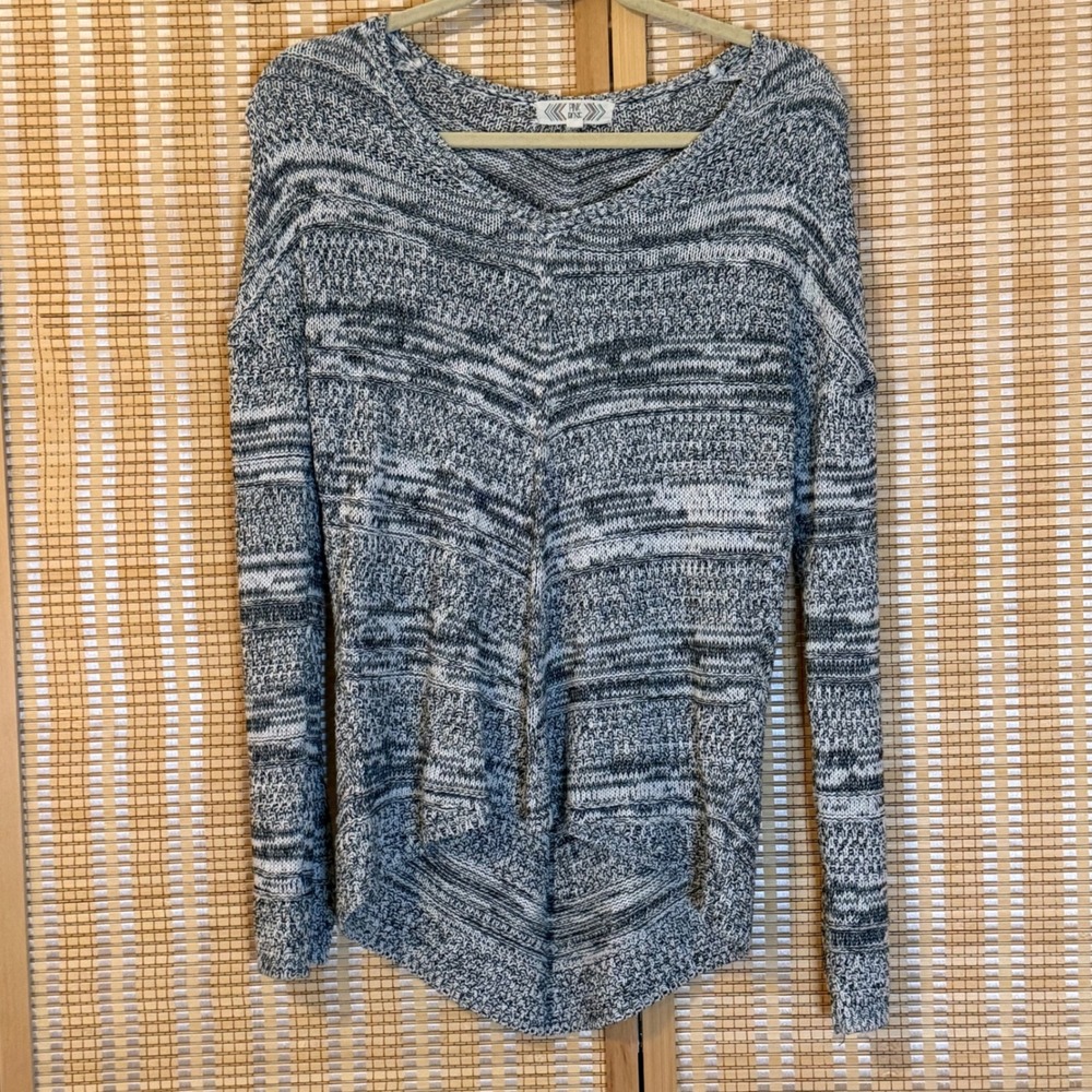 Pink Rose Womens Space Dye V-Neck Knit Sweater Black White L Boho Beach Resort